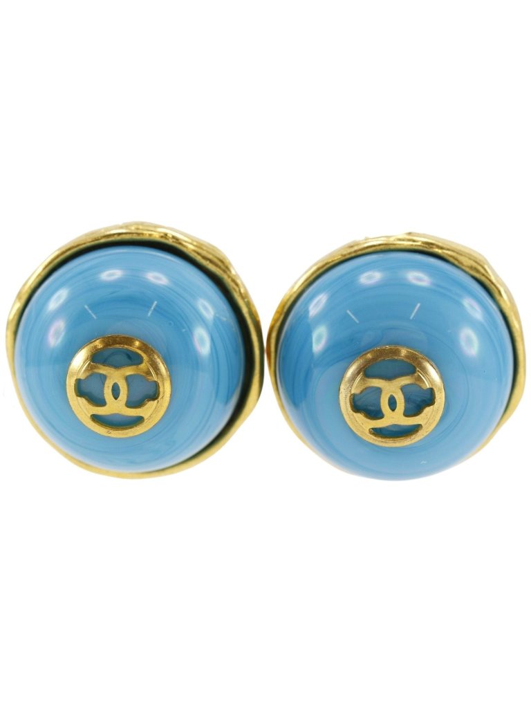 Chanel Cc Logo Vintage Gold Plated Light Blue 28 Earrings